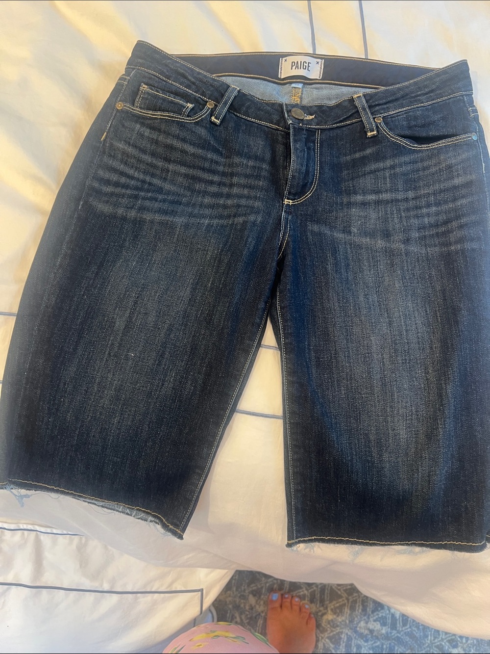 PAIGE Dark Indigo Cropped Denim Bermuda Shorts